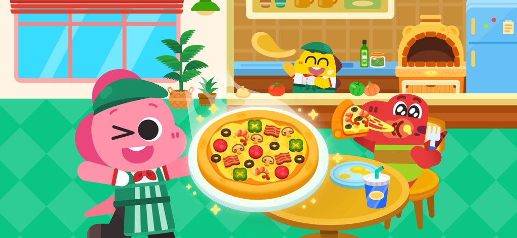 Cocobi Little Kitchen - kids - Un chef dinosaurio rosa sosteniendo una colorida pizza en una cocina de dibujos animados con otros dinosaurios