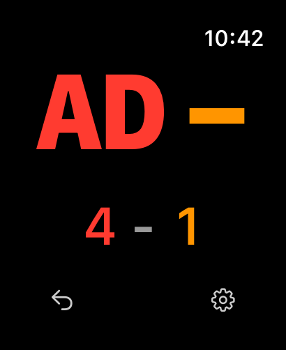 Snappy Tennis Scoreboardのウォッチインターフェース。アドバンテージとゲームスコア4対1が表示されています。