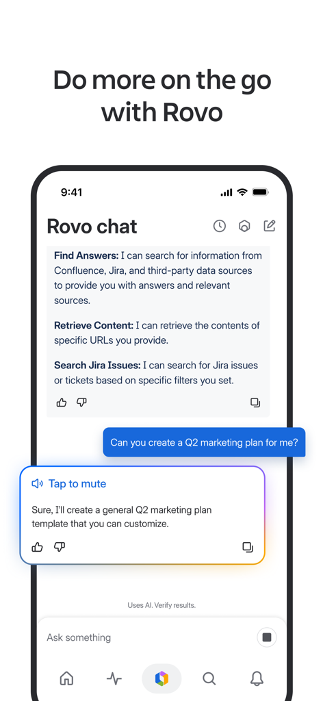 Confluence Cloud mobile app screen showcasing the Rovo AI chat interface for productivity