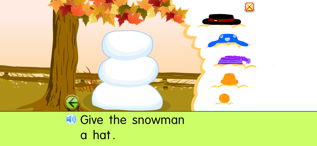 Starfall Snowman - Una pantalla que muestra un muñeco de nieve en blanco con varias opciones de sombreros y la instrucción Dale un sombrero al muñeco de nieve.