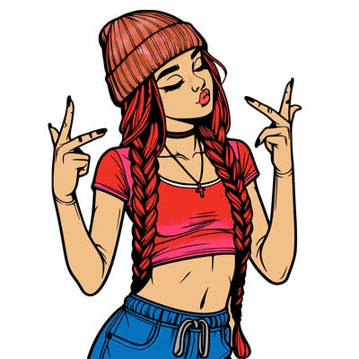 realistic teenage girl with braids and a beanie and crop top doing 🫶🏼