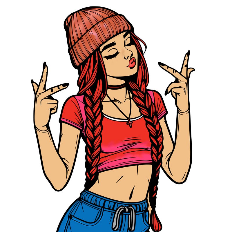 realistic teenage girl with braids and a beanie and crop top doing 🫶🏼