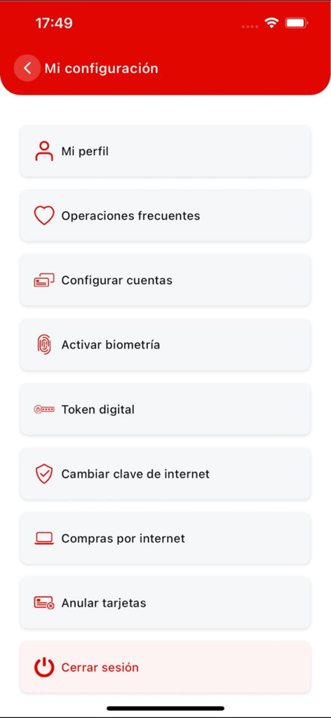 スペイン語でのプロフィール、生体認証、セキュリティ設定オプションが表示されるカハ・タクナモバイルバンキングアプリの設定メニュー