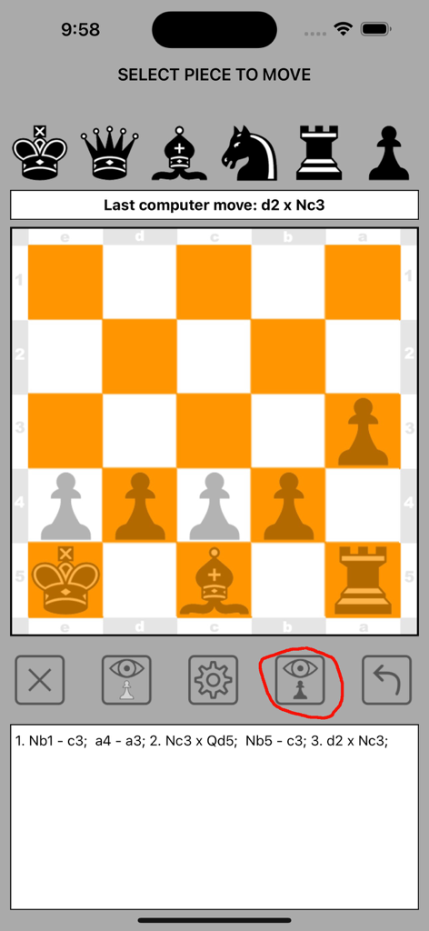 Blindfold Chess 5x5 - Interface of the Blindfold Chess 5x5 mobile app showing an orange and white board with move history