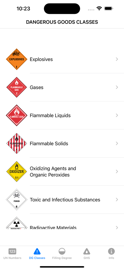 Mobile app interface displaying dangerous goods classes such as explosives gases and flammable liquids with corresponding hazardous material placards