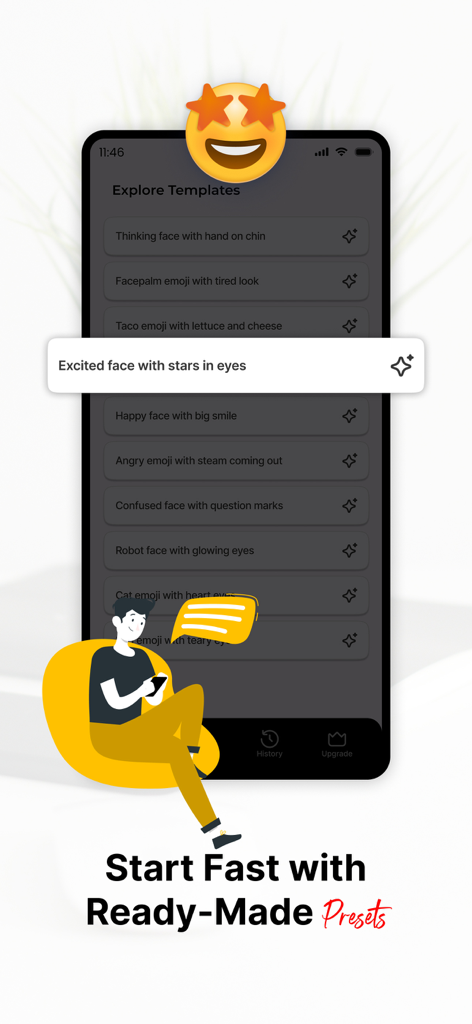 AI Emoji Maker. - A mobile screen showing ready-made emoji presets and templates in the AI Emoji Maker app.