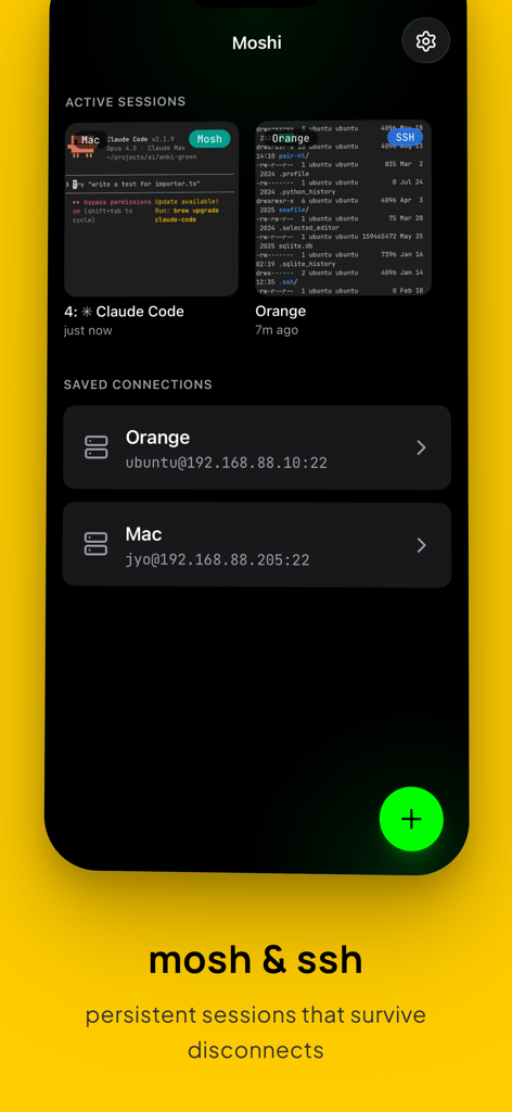 Moshi mobile app dashboard displaying active terminal sessions and saved SSH server connections