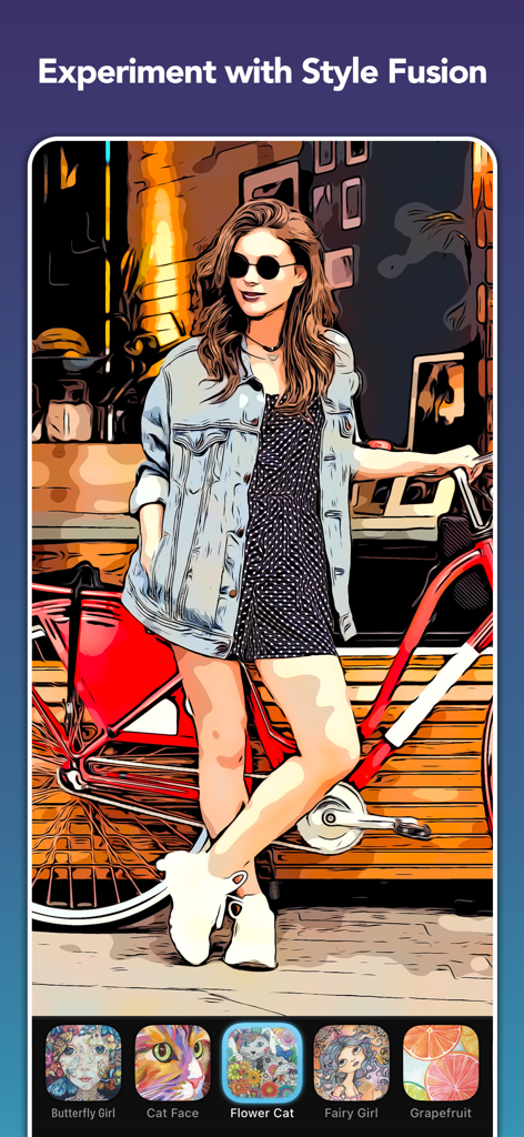 BeCasso: Photo to Painting App - Eine Frau mit einem Fahrrad, verwandelt in ein Gemälde im Comic-Stil mit BeCasso Style Fusion