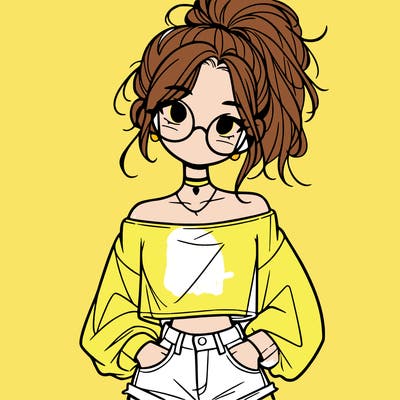 girl with a messy ponytail glasses a baggy crop top and jean shorts