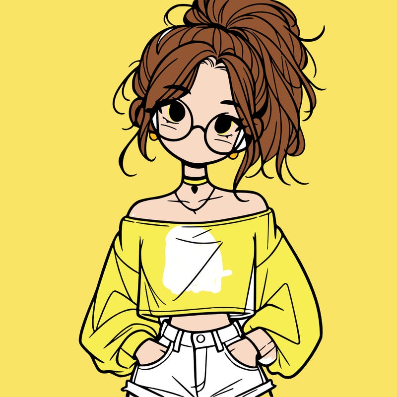 girl with a messy ponytail glasses a baggy crop top and jean shorts