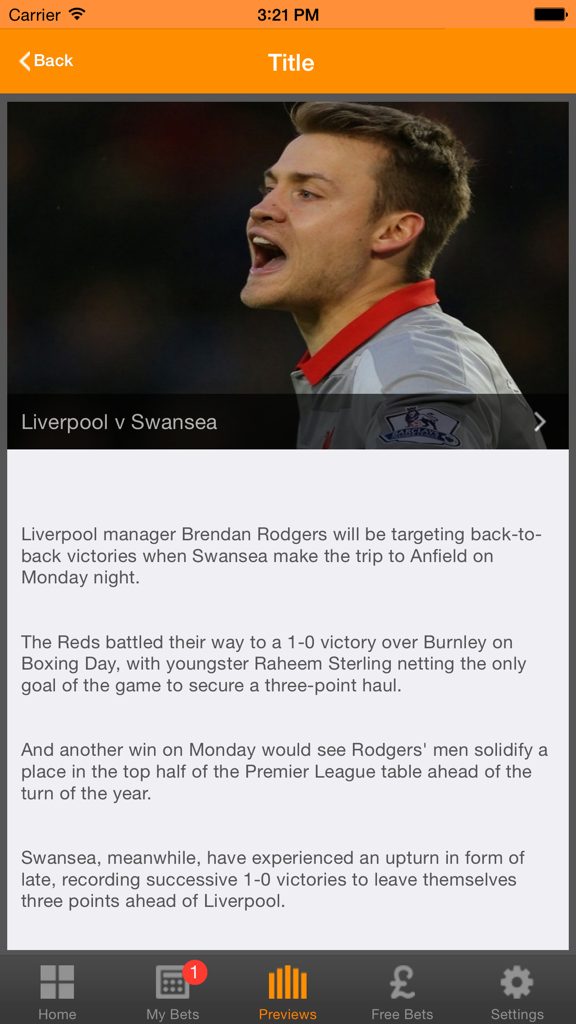 OddsCheckアプリのインターフェースに、リバプール対スウォンジーのサッカー試合プレビューとベッティング分析が表示されています