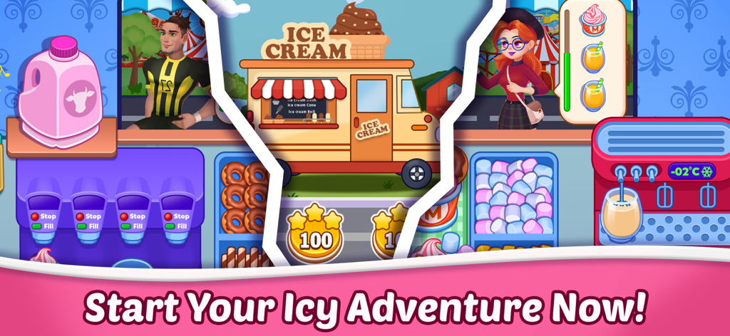 Ice Cream Fever : Cooking Game - Gameplay screen of Ice Cream Fever Cooking Game showing an ice cream truck and various dessert ingredients