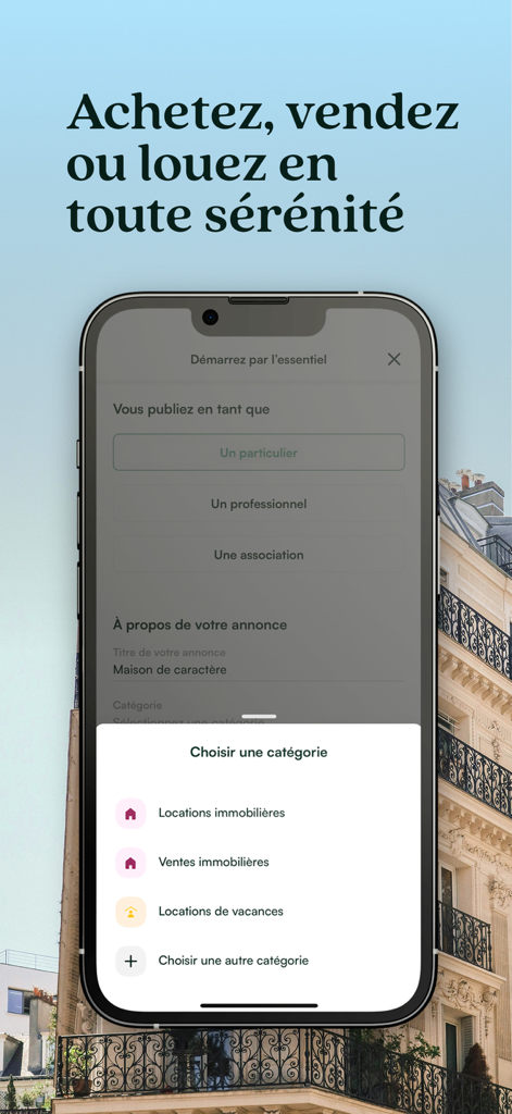 Gens de Confiance app interface showing real estate and vacation rental categories on a smartphone
