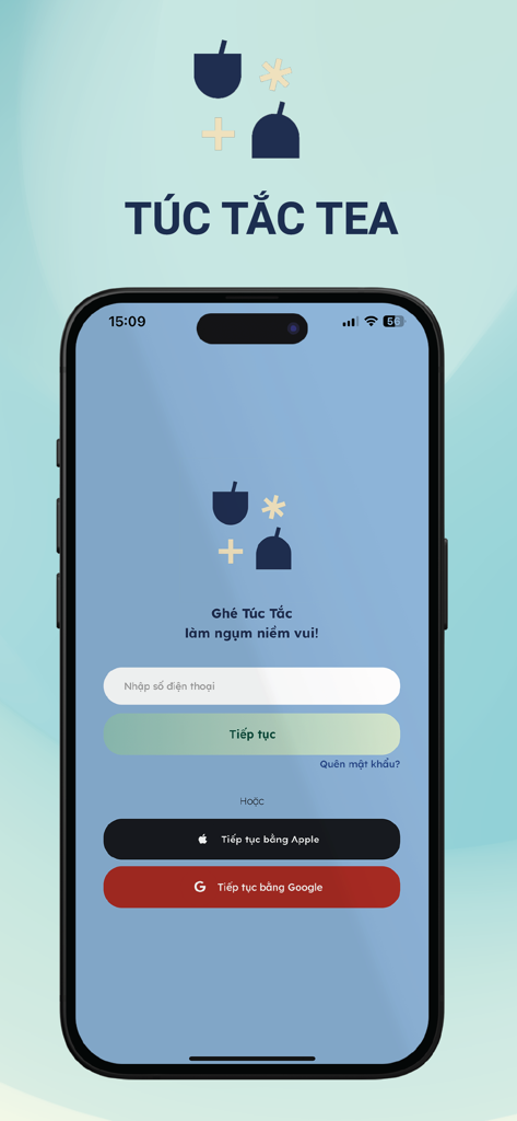 Tela de login do aplicativo móvel Tuc Tac Tea mostrando opções de login com número de telefone, Apple ou Google