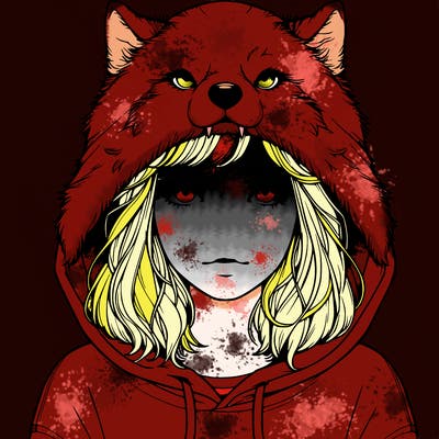 realistic girl with freckled and a wolf hoodie over her  head