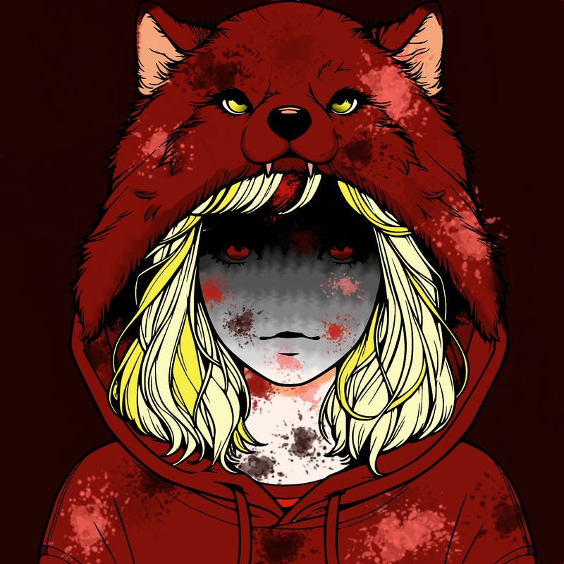 realistic girl with freckled and a wolf hoodie over her  head