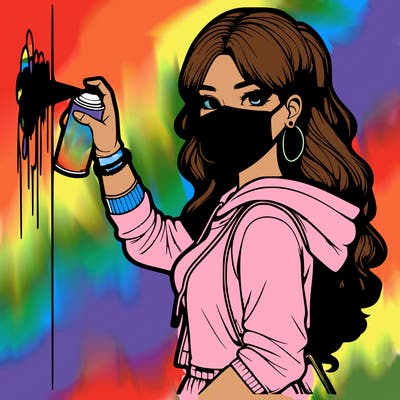 realistic girl with mask spray painting a wall