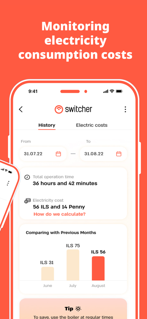 Switcher - Smart Home - Pantalla de la aplicación Switcher que muestra los costos de consumo de electricidad y un gráfico de comparación de uso mensual