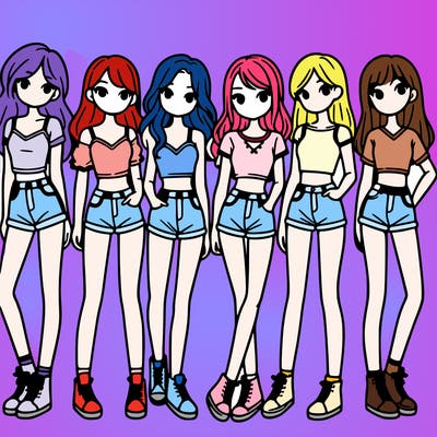 a group of girls wearing crop tops and shorts