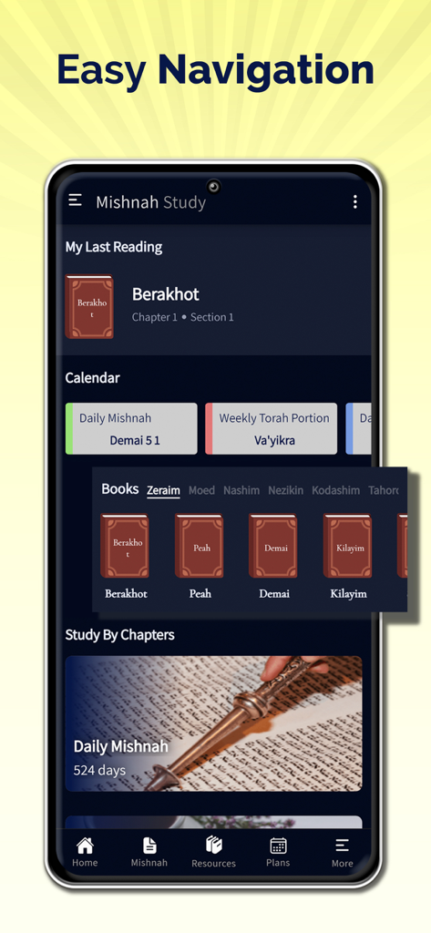 Home screen of the Mishnah Study app showing easy navigation for daily Jewish religious study