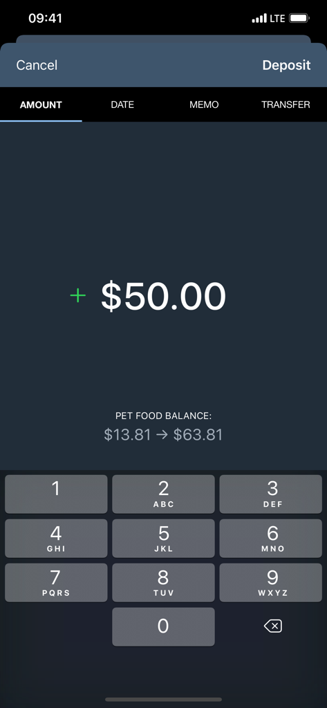 Envelopes: Budget Manager - A mobile interface for the Envelopes app showing a fifty dollar deposit being added to the pet food budget category.