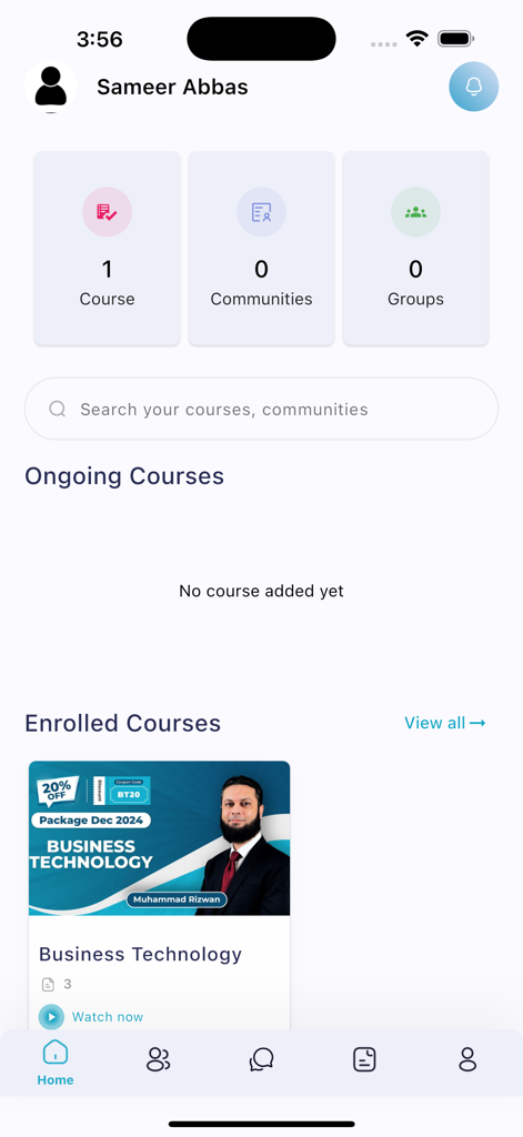 Hamzah Academy - Dashboard of the Hamzah Academy app showing enrolled ACCA courses and user profile navigation