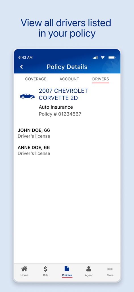 Farmers Insurance Mobile - Farmers Insurance mobile app screen showing policy details and a list of authorized drivers for a vehicle