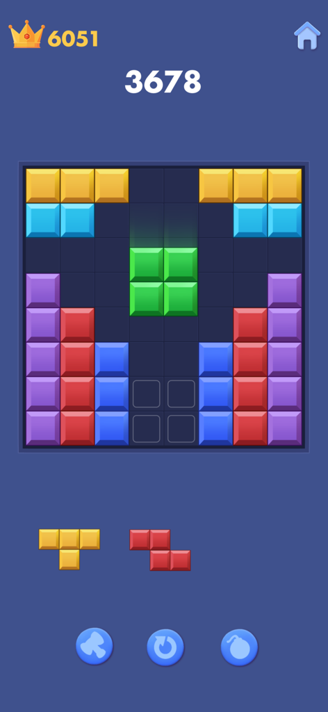 Captura de pantalla del juego Block Puzzle Color Blast que muestra una cuadrícula colorida de 8x8 y la puntuación