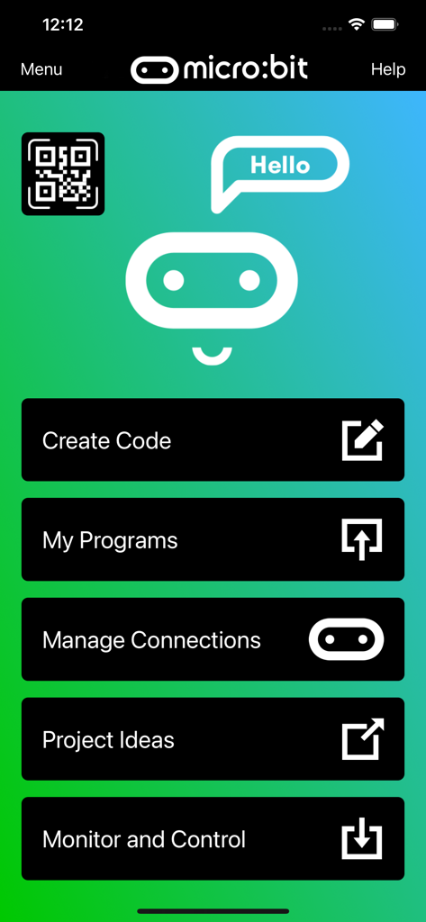 Menu principal do app móvel micro:bit com opções para Criar Código, Meus Programas e Monitorizar e Controlar