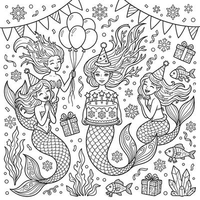 Explore a magical underwater birthday celebration with a trio of enchanting Arctic mermaids! This delightful coloring page is filled with festive details, from sparkling snowflakes to delicious cakes, ready for your creative touch.