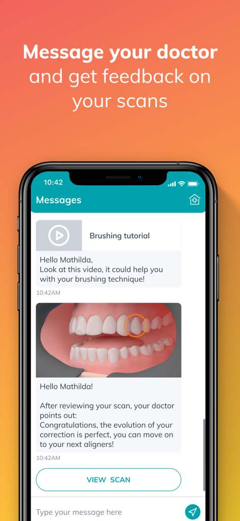 DentalMonitoring - 치과 스캔에 대한 의사의 피드백과 칫솔질 튜토리얼 비디오를 보여주는 덴탈모니터링 앱 메시지 인터페이스.