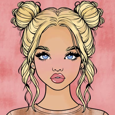 realistic girl with two buns in hair and lips