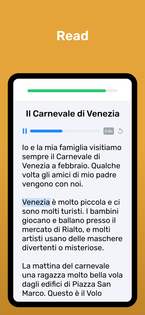 Wlingua - Learn Italian - Italian reading lesson about the Carnival of Venice with integrated audio playback and speed control.