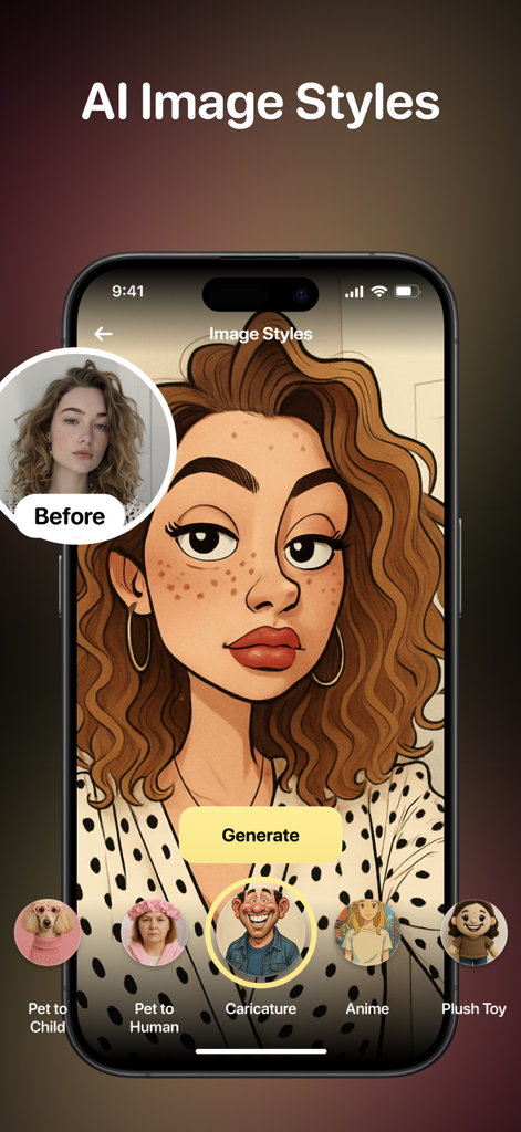 CloneAI app interface displaying various AI image styles with a woman transformed into a caricature