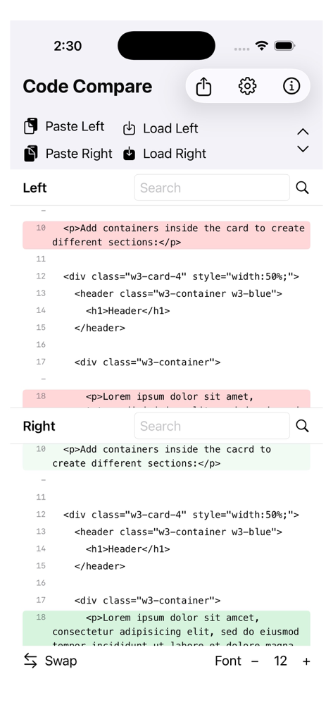 CodeDiff+ - Interface de l'application CodeDiff plus affichant une comparaison de code empilée avec des surlignages rouges et verts pour les changements