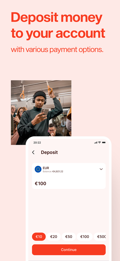 Jeton - Un smartphone mostrando la pantalla de depósito de la aplicación Jeton con opciones de divisa