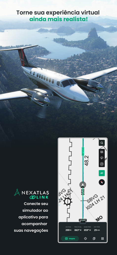 Interface de l'application NexAtlas Link affichant une carte de navigation de vol en temps réel pour simulateurs
