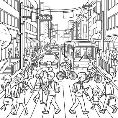 Dive into the vibrant energy of a busy city with this engaging coloring page, perfect for kids! Young artists will love bringing the bustling street, complete with commuters, buses, and taxis, to life with their favorite colors.