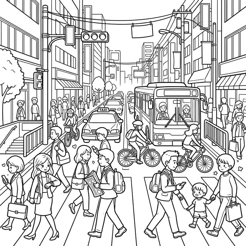 Dive into the vibrant energy of a busy city with this engaging coloring page, perfect for kids! Young artists will love bringing the bustling street, complete with commuters, buses, and taxis, to life with their favorite colors.