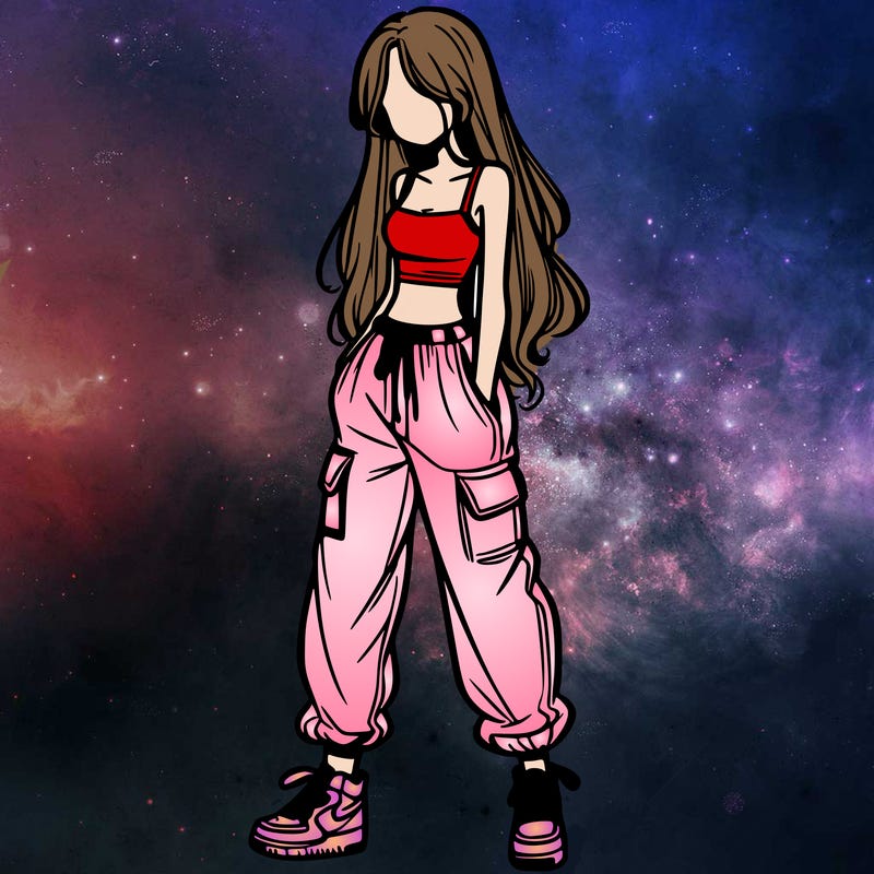 girl in baggy pants crop top and long hair