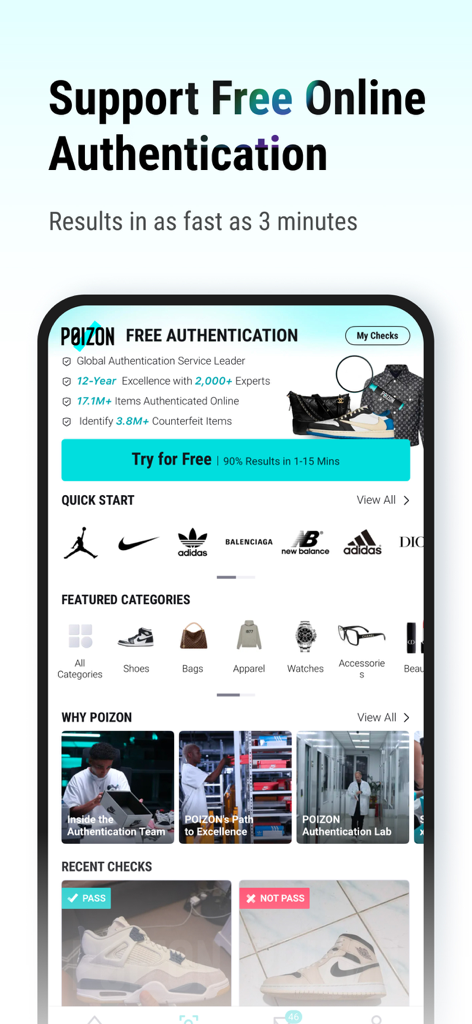 POIZON mobile app interface showcasing its free online authentication feature for sneakers and apparel with fast results