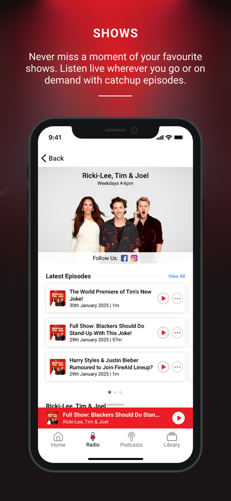Nova Player: Radio & Podcasts - Ein Screenshot der Nova Player-App, der die Seite der Radiosendung Ricki-Lee, Tim und Joel mit einer Liste der neuesten On-Demand-Podcast-Episoden anzeigt.