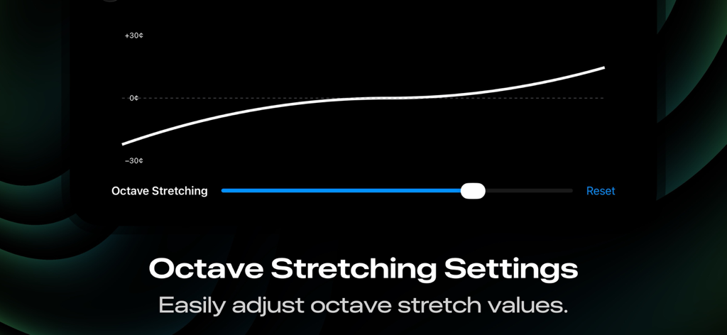 Piano Tuner PT1 - Pantalla de configuración de estiramiento de octavas en la aplicación Afinador de Pianos PT1 que muestra un gráfico de curva de afinación y un control deslizante de ajuste