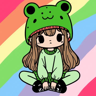 a girl wearing a frog hat and some frog socks