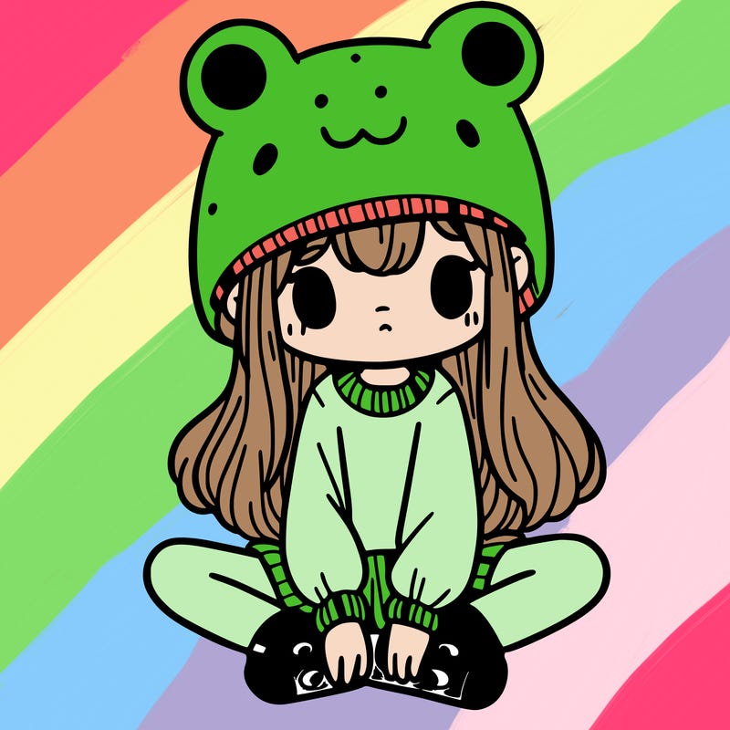 a girl wearing a frog hat and some frog socks