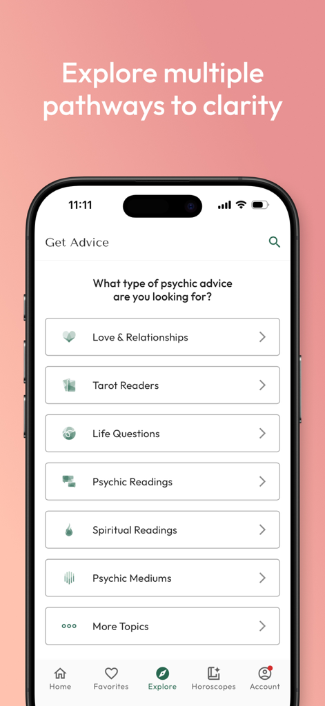 Keen Psychic Reading & Tarot - Smartphone screen showing various psychic advice categories on the Keen app