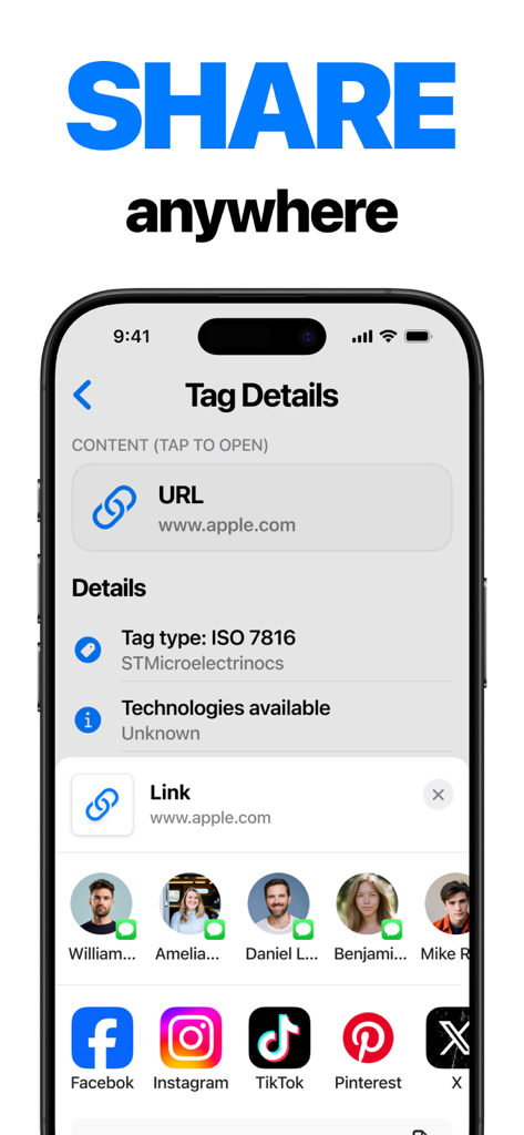 NFC Tools: Tag Reader,Writerㅤ - Pantalla de iPhone mostrando detalles de etiquetas NFC para una URL con opciones de compartir en redes sociales