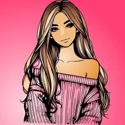 realistic girl with long hair wearing an off the shoulder sweater