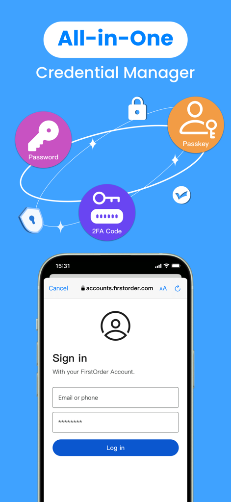 Authenticator App · 2FA - Authenticator app showing an all-in-one manager for passwords, passkeys, and 2FA codes.