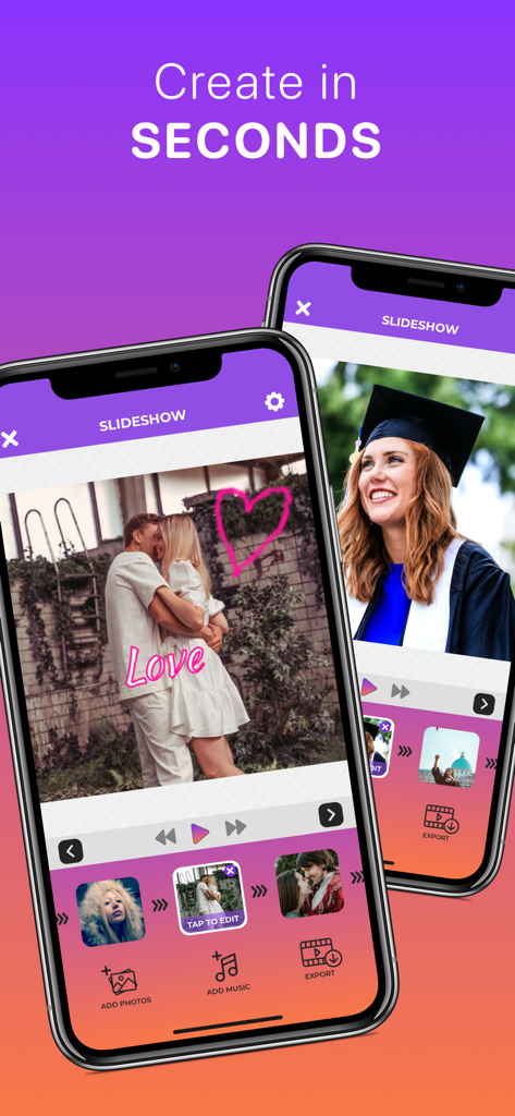Quick Slideshow Maker + Music - Two iPhones displaying the Quick Slideshow Maker app interface with a graduation photo and a couple photo